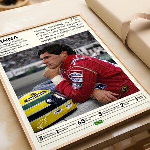 May include: A black and white photo of a Formula One driver, Ayrton Senna, wearing a red racing suit and a helmet. The photo is set against a green background. The text "Racing, competing, it's in my blood. It's part of me, it's part of my life; I have been doing it all my life and it stands out above everything else." is printed on the image. The text "3 World Drivers Championship" is printed on the image. The text "1 BBC Sports Personality of the Year" is printed on the image. The text "65 FIA Pole Position Award" is printed on the image. The text "3 Autosport International Racing Drive of the Year" is printed on the image. The text "2 Lorenz Bandin trophy" is printed on the image. The text "1 Segrave Trophy" is printed on the image.