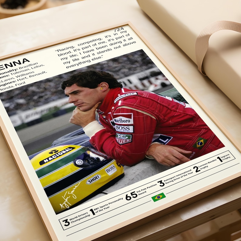 May include: A black and white photo of a Formula One driver, Ayrton Senna, wearing a red racing suit and a helmet. The photo is set against a green background. The text "Racing, competing, it's in my blood. It's part of me, it's part of my life; I have been doing it all my life and it stands out above everything else." is printed on the image. The text "3 World Drivers Championship" is printed on the image. The text "1 BBC Sports Personality of the Year" is printed on the image. The text "65 FIA Pole Position Award" is printed on the image. The text "3 Autosport International Racing Drive of the Year" is printed on the image. The text "2 Lorenz Bandin trophy" is printed on the image. The text "1 Segrave Trophy" is printed on the image.