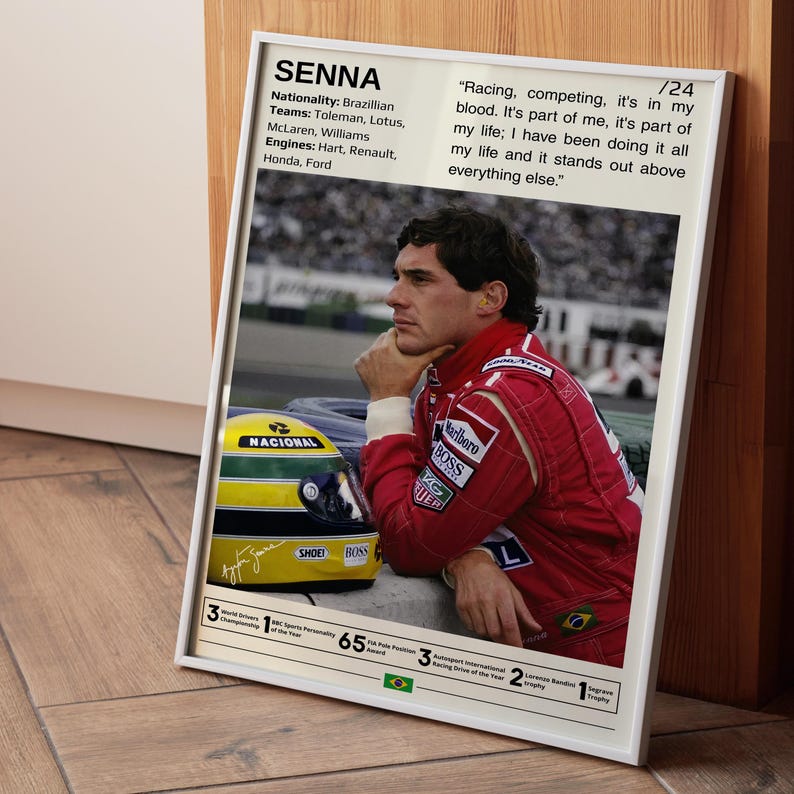 May include: A black and white photo of Ayrton Senna, a Brazilian Formula One racing driver, wearing a red racing suit and a helmet. The photo is set against a blurred background of a race track. The quote "Racing, competing, it's in my blood. It's part of me, it's part of my life; I have been doing it all my life and it stands out above everything else." is printed on the poster.