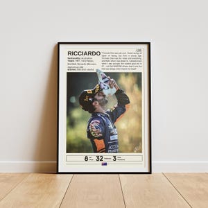 May include: A black and white poster with a photo of Daniel Ricciardo celebrating a Formula One race win. The poster includes Ricciardo's nationality, teams, entries, wins, podiums, and pole positions. The text on the poster reads "Ricciardo /28 Formula One was just cool. I loved racing, all types of racing, but from a young age Formula One was the noise and everything and that's what I was drawn to. I already knew when I was younger, the coolest guys are in F1, not that NASCAR drivers aren't cool, but that was always what I had in my head. 1st 8 Wins 32 Podiums 3 Pole Positions"