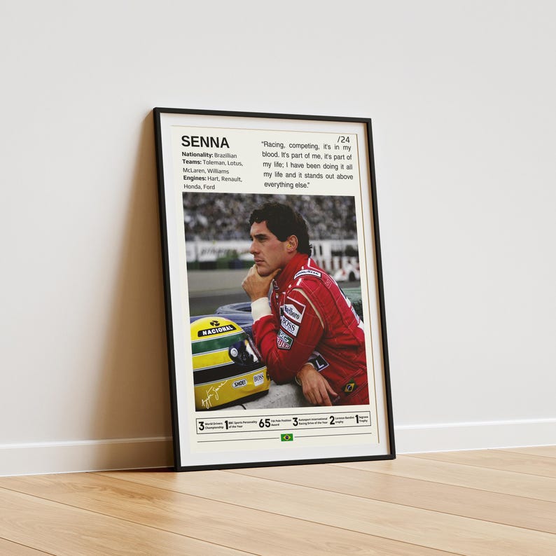 May include: A black and white poster with a photo of Ayrton Senna, a famous Formula One race car driver. The poster includes his name, nationality, teams, engines, and a quote from him. The quote reads, "Racing, competing, it's in my blood. It's part of me, it's part of my life; I have been doing it all my life and it stands out above everything else."
