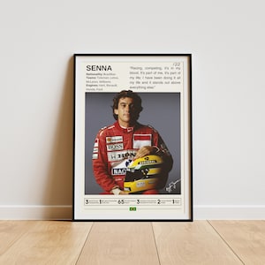May include: A black and white poster with a photo of Ayrton Senna, a Brazilian Formula One driver, wearing a red racing suit and holding a yellow helmet. The poster includes text about Senna's career and a quote from him. The text reads "Racing, competing, it's in my blood. It's part of me, it's part of my life: I have been doing it all my life and it stands out above everything else."
