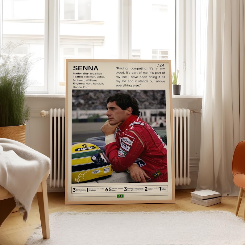 May include: A vintage-style poster featuring a black and white photo of Ayrton Senna, a famous Formula One race car driver. The poster includes Senna's name, nationality, teams, engines, and a quote from him. The quote reads, "Racing, competing, it's in my blood. It's part of me, it's part of my life; I have been doing it all my life and it stands out above everything else."