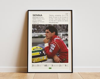 May include: A black and white poster with a photo of a Formula One driver, Ayrton Senna, wearing a red racing suit and a yellow helmet. The poster has text that reads "SENNA" and "Racing, competing, it's in my blood. It's part of me, it's part of my life: I have been doing it all my life and it stands out above everything else."