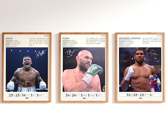 May include: Three framed prints featuring boxing athletes. Each print includes a portrait, statistics, and a quote. The subjects are Usyk, Fury, and Anthony Joshua. The frames are a light brown color, and the background is white.