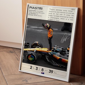 May include: A black and white photo of a Formula 1 race car driver standing on the track with his arm raised in victory. The car is yellow and black with the number 81 on the side. The driver is wearing a black and yellow racing suit and a helmet. The text "PIASTRI" is at the top of the image, along with the driver's nationality, team, car number, and entries. The text "There's definitely some things I want to try and improve on and still work on, but now I'll enjoy the trophy. I've been drowned by Lando in Champagne, which is a nice problem to have." is also included in the image.
