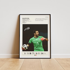 Pode incluir: Um cartaz preto e branco com uma foto do jogador de futebol italiano Gianluigi Buffon vestindo uma camisa verde. O cartaz inclui seu nome, posição, nacionalidade, altura, equipe e número. Também inclui uma citação de Buffon: "Não perdi muito na minha vida, mas as derrotas me ensinaram mais do que as vitórias."