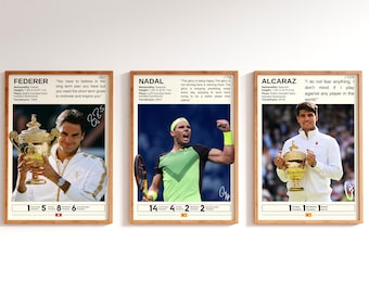 Roger Federer, Rafael Nadal, Carlos Alcaraz Set of 3 Posters, Tennis Gifts, Sports Poster, Tennis Wall Art, Sports Bedroom Posters