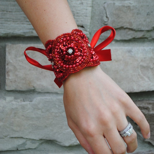 Women's Red Beaded Cuff Bracelet with ribbon ties