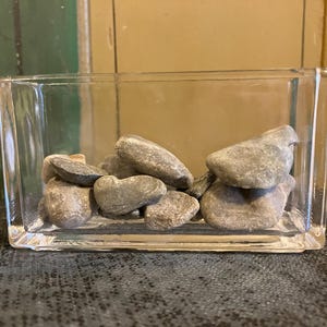 May include: A clear, rectangular glass vase filled with smooth, gray river rocks. The vase has a simple, modern design, showcasing the natural stones inside. The rocks vary in size and shape, creating a textured display.
