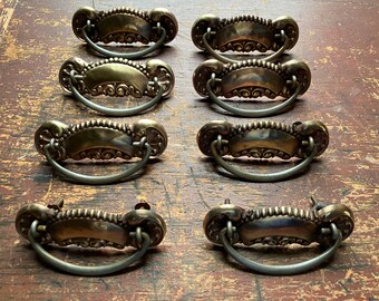 Antique Drawer Pulls, set of 8 Drawer Pulls, Dresser Pulls, Stamped Brass Hardware, Vintage hardware, Fancy hardware, Victorian, Steampunk