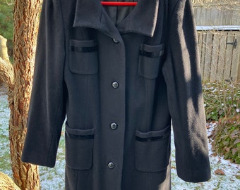 Vintage Esprit Wool Coat: Black Military Style, Velvet Trim