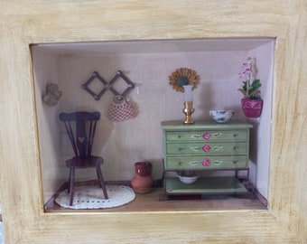 Dollhouse miniature shadow box / roombox / narrow box / 3D frame/  OOAK  heirloom piece birthday Christmas gift