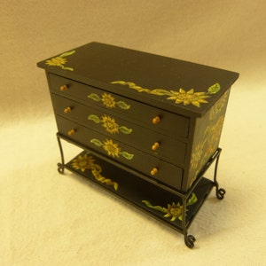 Dollhouse miniature  chest with drawers and iron wrougt feet