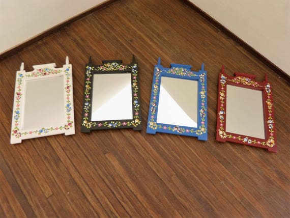 Dollhouse miniature hand painted  mirror frame 1:12 scale in the Portuguese folk-art style with tiny flowers and leaves