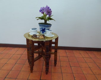 Dollhouse miniature  Moroccan folded legs table with brass tray Special carving!!! 1/12 scale