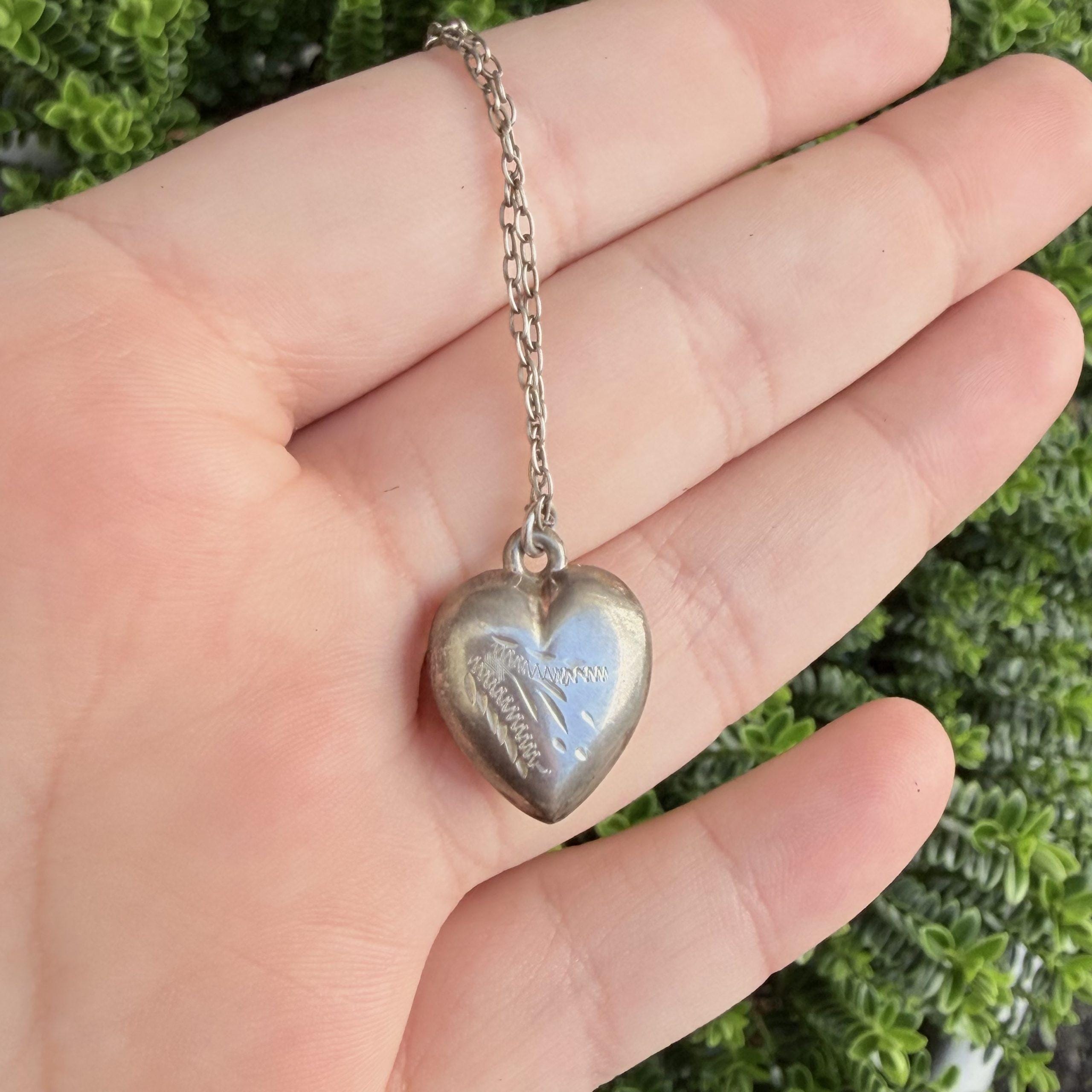 Vintage Sterling Silver Puffy Heart Necklace, Etched Pendant - Etsy