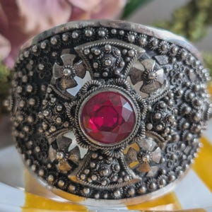 Vintage Bethlehem Silver Cuff | Heavy Sterling Silver Palestinian Bangle | Ornate Red Stone Jewellery