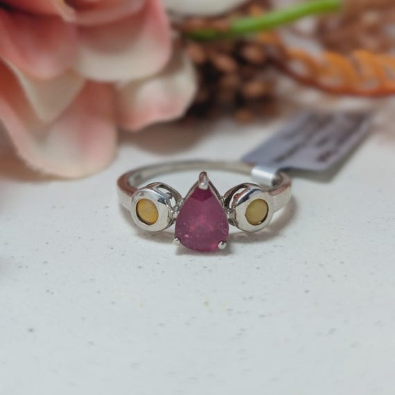 Sterling Silver Ruby Opal Ring, Teardrop Pink Fire - image 1