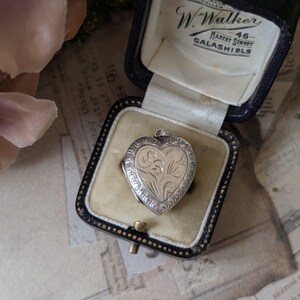 Vintage Small Silver Heart Locket | Floral Motif Engraved Photo