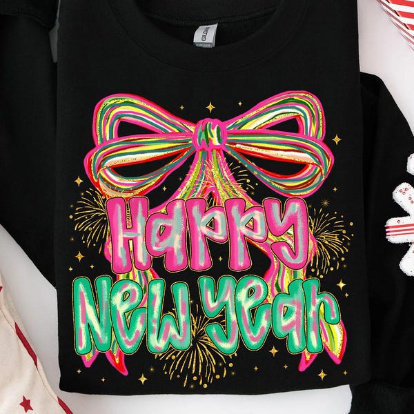 New Year Neon PNG, Bow Design, Fireworks Clipart, Printable Shirt Sublimation
