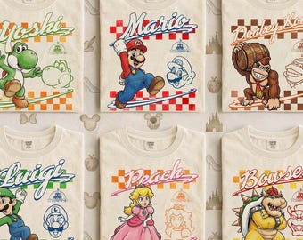Camiseta retrô com personagens da Nintendo, Mario, Luigi, Yoshi, Peach, Bowser e Donkey Kong, camiseta vintage para gamers.