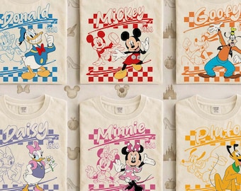 Camiseta retrô com personagens da Disney, camiseta xadrez do Mickey e seus amigos, camiseta combinando para viagem em família à Disneylândia