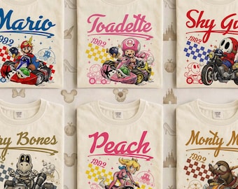 Camiseta com os personagens de Super Mario Kart, Toadette, Peach e Shy Guy, Jogo de corrida retrô para toda a família, camiseta ideal para presente de aniversário de gamer.