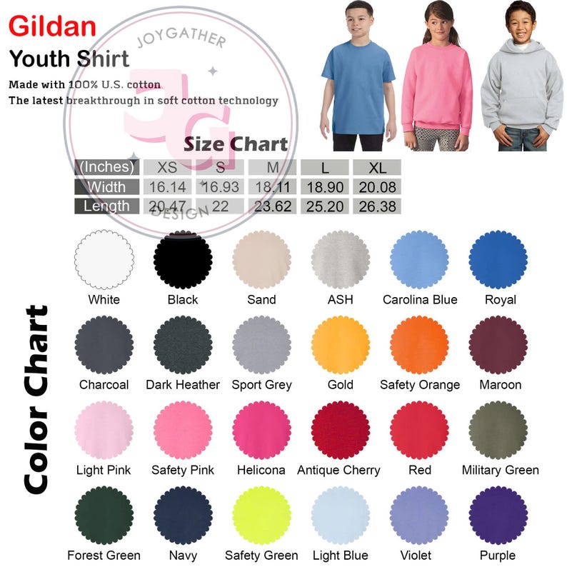 Puede incluir: Una camiseta Gildan para j&oacute;venes en varios colores, con una tabla de tallas que muestra anchos de 41 a 51 cm y largos de 52 a 67 cm. La camiseta est&aacute; hecha con algod&oacute;n 100% estadounidense.