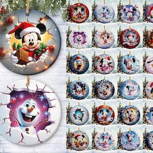 May include: A collection of round Christmas ornaments featuring various Disney characters. Mickey Mouse, Olaf, and other characters are depicted in festive holiday scenes. Each ornament has a unique design and is ready to hang.