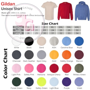 Puede incluir: Una tabla de tallas y colores de camisetas unisex Gildan. La tabla incluye una variedad de colores, incluyendo blanco, negro y rojo. La tabla de tallas muestra las medidas en cm, desde la S hasta la 4XL.