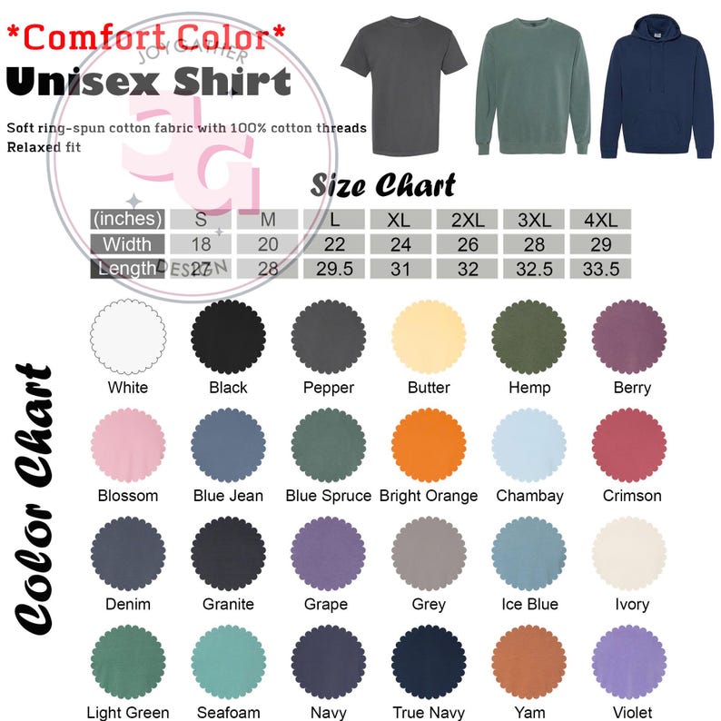 Puede incluir: Imagen de una camiseta unisex Comfort Color con una tabla de tallas y una tabla de colores. La camiseta est&aacute; disponible en varios colores, incluyendo blanco, negro, pimienta, mantequilla y baya. La tabla de tallas muestra medidas en pulgadas, con equivalentes en cm.
