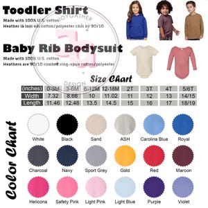 Puede incluir: Imagen de una tabla de tallas y colores para camisetas de ni&ntilde;o y bodies de canal&eacute; para beb&eacute;. La tabla incluye medidas en pulgadas para varias tallas, junto con una paleta de colores que muestra opciones como blanco, negro y marino.