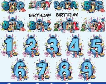 Personalisierte benutzerdefinierte Stitch Geburtstag Jungen und Mädchen Bundle Design PNG, Familie Geburtstag Stitch Png, Lilo und Stitch Geburtstag passendes T-Shirt