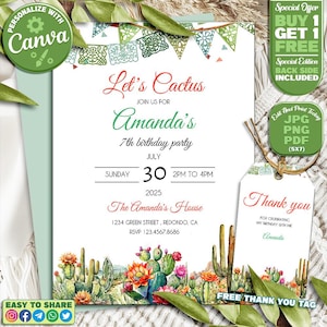 Faire-part d'anniversaire cactus, invitation personnalisable cactus, invitation à une soirée à thème cactus, fête d'anniversaire d'enfants, invitation fiesta