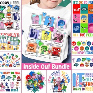 May include: White t-shirt with a colourful graphic of characters representing emotions from the film "Inside Out." The design includes the phrases "It's Okay to Feel" and "All the Feels."