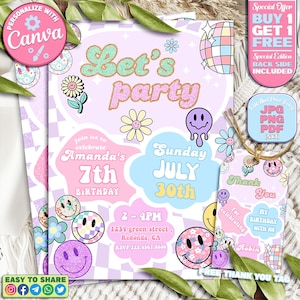 Invitación de cumpleaños con letra de parche, plantilla de invitación de cumpleaños con letra de parche editable, invitación de cumpleaños de niña retro editable
