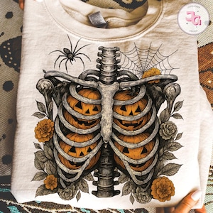 Retro Ribcage Pumpkins PNG, Vintage Halloween Skeleton Design, Spooky Season Clipart, Pumpkin Sublimation PNG, Creepy Cute Halloween Graphic