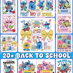 Może przedstawiać: Kolekcja kolorowych grafik w tematyce powrotu do szkoły z postaciami Stitch i Angel. Projekty obejmują szkolne autobusy, ołówki, jabłka oraz teksty "First Day of School", "Back to School" i "Be Kind".