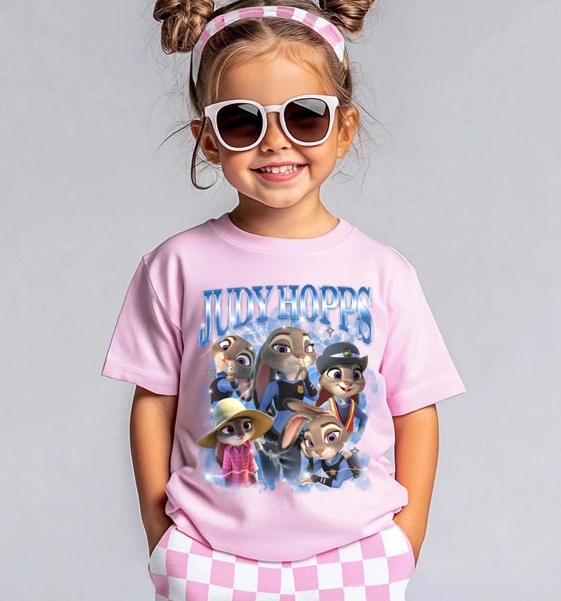 Puede incluir: Una ni&ntilde;a peque&ntilde;a con una camiseta rosa con la frase "JUDY HOPPS" y un gr&aacute;fico de personajes de la pel&iacute;cula Zootopia. Tambi&eacute;n lleva gafas de sol y una diadema rosa y blanca.