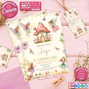 Fairy First Birthday Invitation, Fairy First Birthday Invite,Customizable Party Invite, Cute Fairy Canva Template,Printable Fairy Invitation