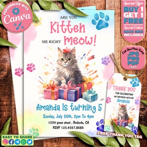 Cat Birthday Invitation , Editable Cat Birthday Invitation template  , Are you kitten me Invitation , Cat Themed Birthday Invitation