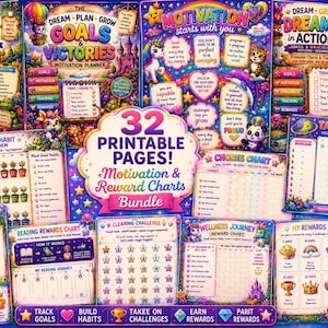 Könnte beinhalten: Ein Bündel aus 32 druckbaren Seiten mit farbenfrohen Motivations- und Belohnungstabellen. Die Sammlung enthält verschiedene Tracker für Ziele, Gewohnheiten, Aufgaben, Lesen, Putzen und Wohlbefinden, verziert mit Illustrationen von Einhörnern und Tieren.