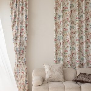 Pair of Beige Botanical Bird & Floral Print Curtains - Rustic Farmhouse Drapes for Bedroom / Living Room | Custom Linen-Look Panels