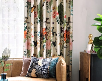 Pair of Custom Beige Velvet Curtain Panels – Hummingbird Floral Pastoral Drapes