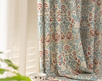 Pair of Victorian Beige Floral Curtains - Country Farmhouse Plant Print Drapes for Bedroom & Living Room | Custom Panels