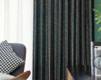 A Pair of Emerald Green - Gold-Line Luxury Jacquard Curtains - Herringbone Custom Drapes for Bedroom - Living Room Windows