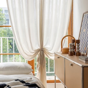 Pair of Beige Linen-Blend Sheer Curtains - Voile Window Panels for Farmhouse Living Room | Custom Light Filtering Drapes
