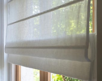 Custom Off-White Flat Linen Roman Shades - Handmade Window Shade for Kitchen, Living Room & Bedroom