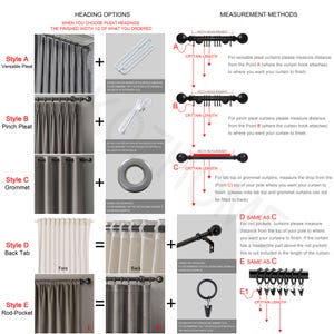 May include: Diagram illustrating curtain heading styles and measurement methods. Styles include versatile pleat, pinch pleat, grommet, back tab, and rod-pocket. Measurement instructions are provided for each style, detailing how to measure curtain length.